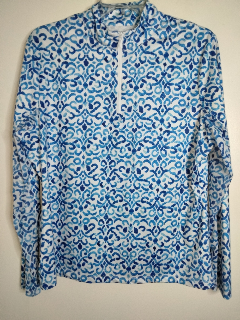 Gottex (Size L) Blue & White Patterned 1/4 Zip Mesh Panel Long-Sleeve Pullover
